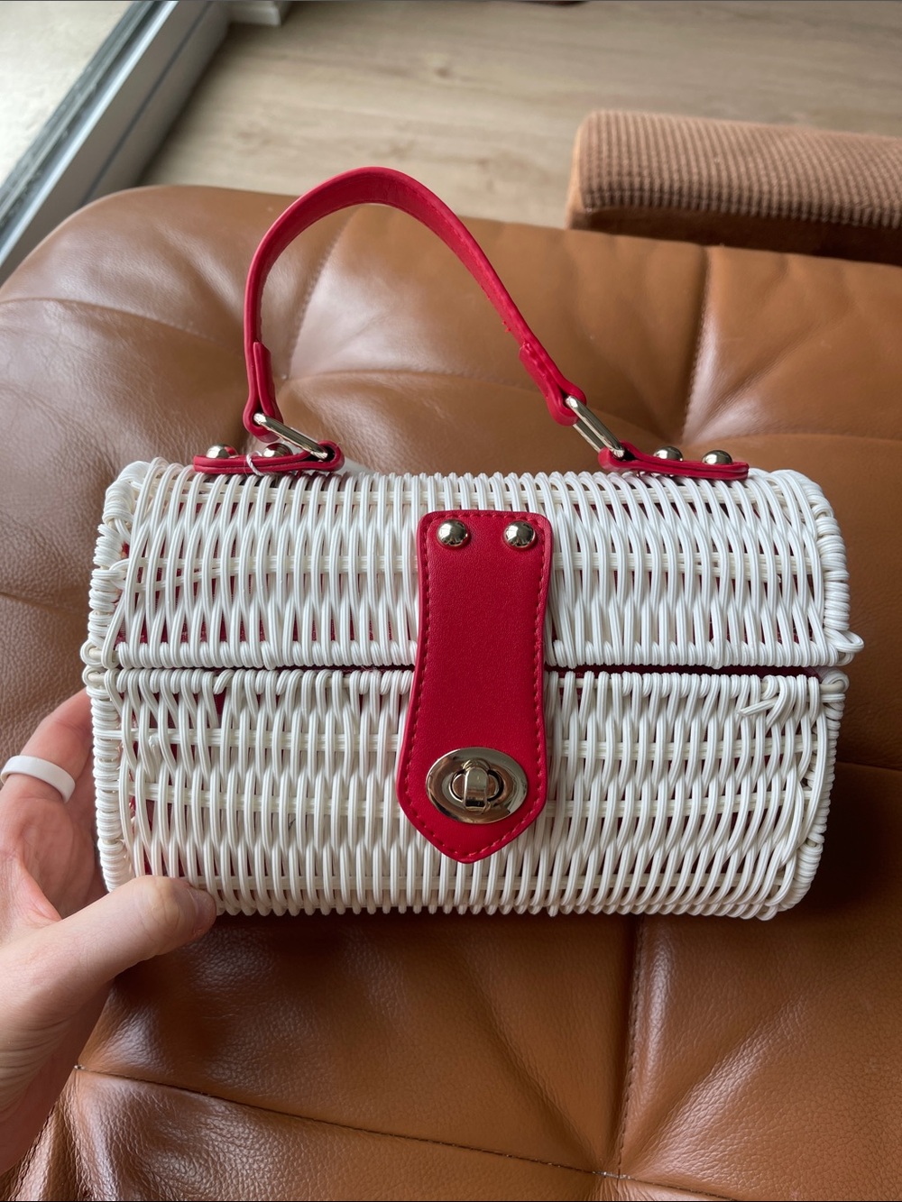 Tommy Bahama White Woven Mini Bag with Red Trim and Handle